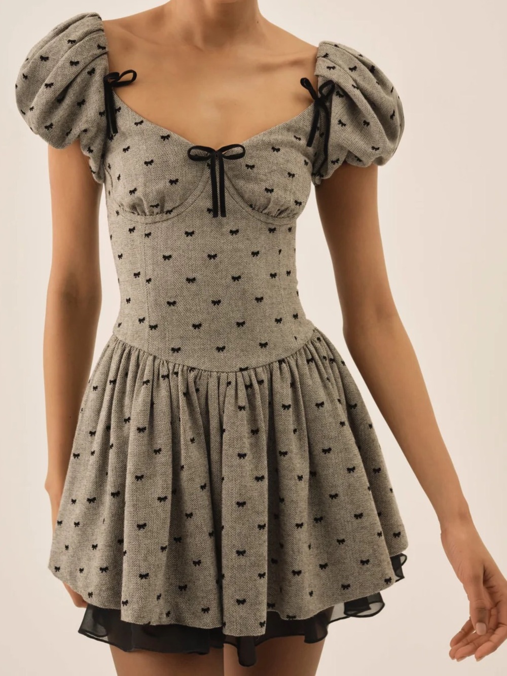 NWT For Love & Lemons Grey Twill Bow Mini Dress Medium